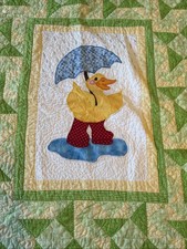 Hand stitched Duck Baby Quilt Green Yellow Spring Easter Baby Shower Cottagecore