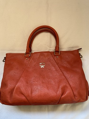 #ad MCM Women’s Orange Monogram Logo Satchel Top Handle Zip Bag Gold Hardware $450.00