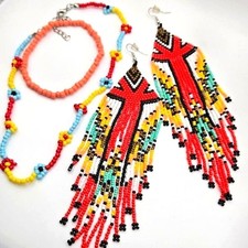 Colorful Handmade Seed Bead Jewelry Set - Necklace Bracelet Long Fringe Earrings