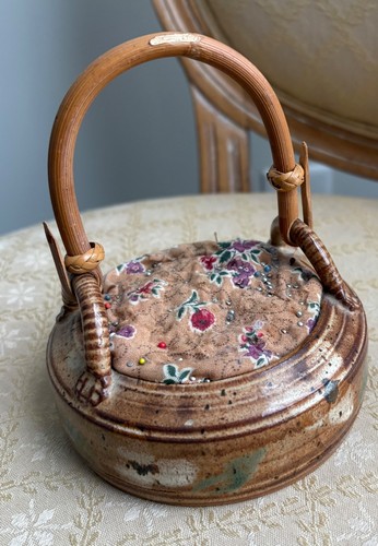 Handmade Pin Cushion Art Pottery Basket Rattan Handle 6” Fabric Signed Mary