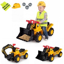 3-in-1 Ride On Excavator and Bulldozer w/Detachable Bucket, 3 Toy Stones, Helmet
