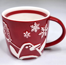 Starbucks Mug 2007 Holiday Red White Penguin Snowflakes Christmas 3.25" Squatty