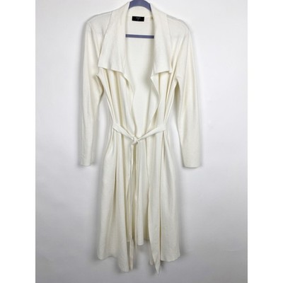 Tahari Belted Duster Shawl Collar Knit Cardigan Sweater Womens Medium Cream