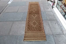 Vintage Hand Made Afghan Mushvani Oriental Brown Wool Narrow Runner 240x57cm