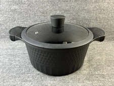 4 QT PALM RESTAURANT BLACK STOCK POT CASSEROLE 2 SILICONE HANDLES & GLASS LID