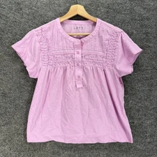 Loft Blouse Women XS Purple Crew Neck Short Sleeve 1/2 Button Cotton Casual