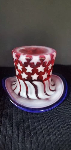 FENTON Art Glass Patriotic Stars & Stripes 2001 Cranberry Opalescent Top Hat