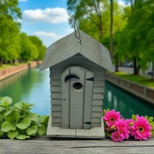 Amish Handmade Rustic Outhouse Birdhouse With Tin Roof and Hangar in Gray