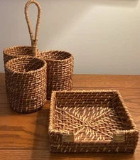 Wicker Rattan Basket Utensil Caddy w Napkin holder set Buffet Barbecue Party