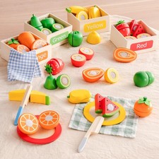 Wooden Play Food for Kids Kitchen, Cutting Fruit for Toy Kitchen Accessories,...