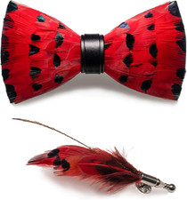RBOCOTT Handmade Feather Pre-Tied Bow Tie and Brooch Sets for Men