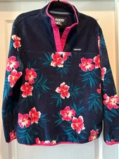 Lands End Navy Blue Tropical Floral 1/4 Button Fleece Size XL Beachy Coastal