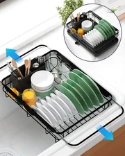 Adjustable Dish Drying Rack Kitchen Counter Sink Black Steel Utensil Holder