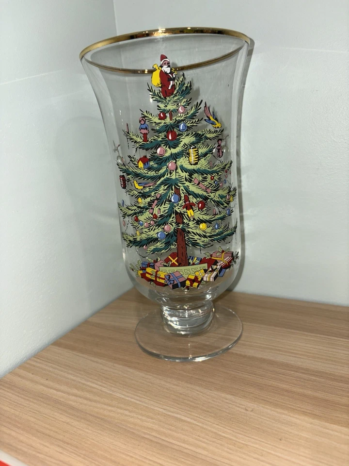 Árbol de Navidad Spode 9-1/2" de alto jarrón votivo de vidrio huracán candelabro decoración Foto 3 de 4