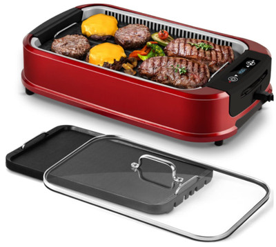 Parrilla eléctrica 1500W sin humo con tapa vidrio y placas antiadherentes
