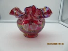 Fenton Hand Painted Red Carnival Glass Rose Bowl Vase White Floral Design