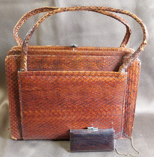 VINTAGE Python Bag Snakeskin Frame Box Purse Brown Exotic Leather 60s 70s