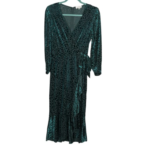 Calvin Klein Womens Burnout Velvet Midi Dress Sz 10 Teal Leopard Wrap Whimsigoth