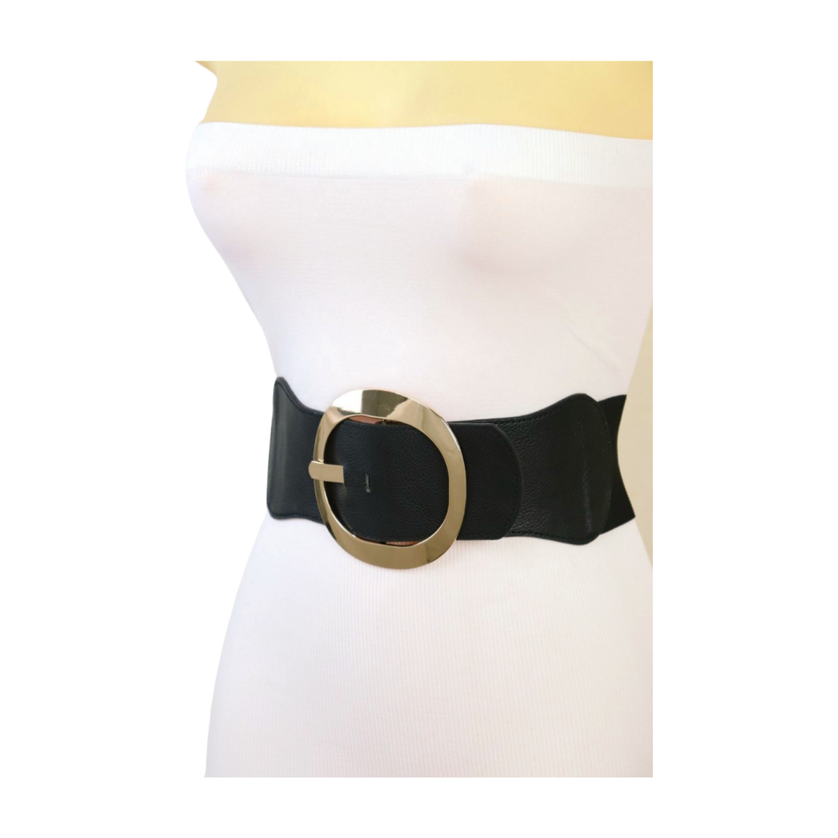 Women Black Wide Faux Leather Elastic Belt Hip Waist Gold Metal