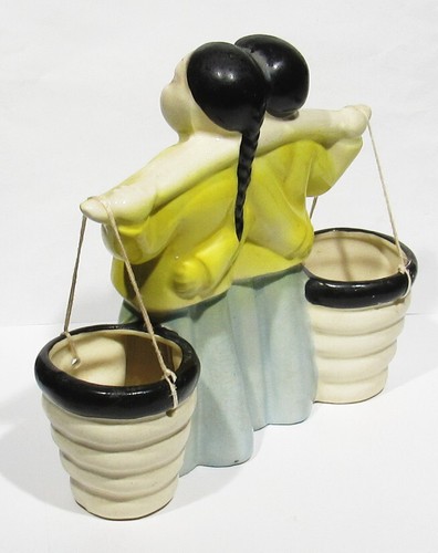 Large Vintage Signed Asian Boy Girl Twins Roped Planter Baskets Pottery Japan - Picture 5 of 9