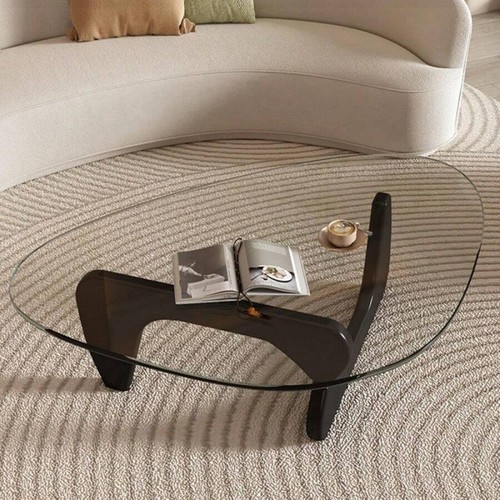 Triangle Glass Coffee Table - Natural Wood Base, Abstract Design - Picture 19 of 20