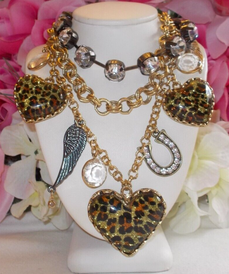BETSEY JOHNSON LEOPARD LUCITE MULTICHARM HEARTS AND WINGS