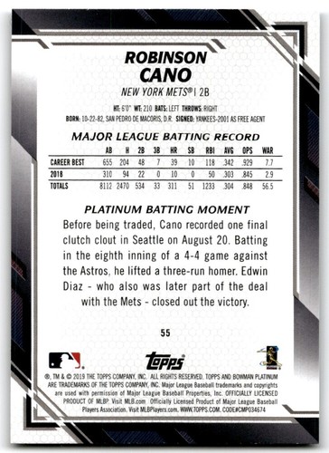 2019 BOWMAN PLATINUM ROBINSON CANO SEATTLE MARINERS #55 - Picture 2 of 2