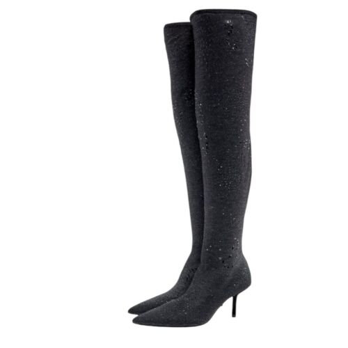ZARA OVERKNEES STOFF SOCKEN STIEFEL SCHWARZ METALLIC KITTEN HEEL PARTY SELTEN GR. 36 - Bild 2 von 15