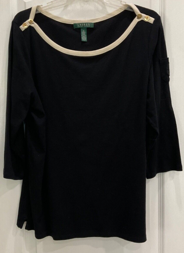 Ralph Lauren Women's Pullover T-Shirt Style Top Size 2X Black 3/4 Sleeve 21