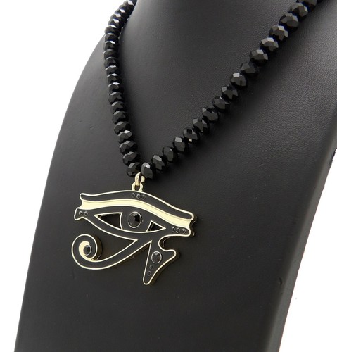 Egyptian Anubis Eye of Horus Ankh Cross Pendant & 24" Black Stone Bead Necklace - Picture 15 of 20