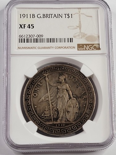 NGC XF45 George V AR Trade Dollar. 1911 Bombay Mint.