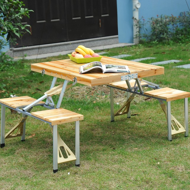 Outsunny Portable Folding Wooden Outdoor Camp Suitcase Picnic Table Wooden Picnic Table Bench Seat Outdoor Portable Folding Camping Aluminum 4 Seats