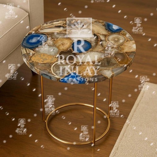 12” Earthy Blue Agate Side Table – Handmade Round Gemstone Accent – Luxury Decor - Picture 15 of 16