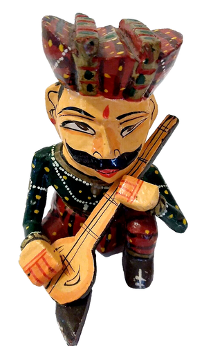 Hand Painted Wooden Sitting Man Musician Playing Instrument Figurine Rajasthani - Picture 2 of 8