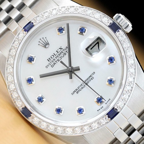 MENS ROLEX DATEJUST 16014 MOTHER OF PEARL SAPPHIRE 18K WHITE GOLD & SS WATCH - Picture 1 of 9