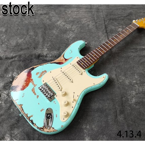Electric guitar aged turquoise color bottom sunburst yellowish dots inlay rosewo - Bild 1 von 5