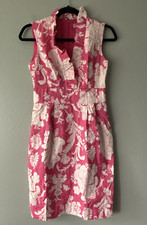 Eliza J NY Dress Women SZ 2 Pink Brocade Floral Sparkle V-Neck Ruffle Trim