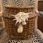 Vintage 10" Woven Rattan Basket Trash Can Shells Signed Numbered Bables Planter