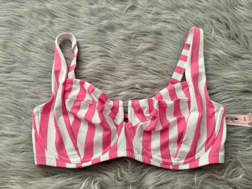 Victorias Secret Pink Stripe Lace Up Back Full Coverage Swim Bikini Top 38DDD