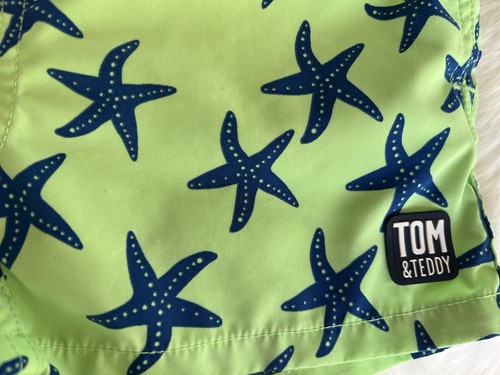 Boys Tom & Teddy Lined Swim Trunks Size 3/4 Green with Blue Starfish Mint Cond - Picture 2 of 7
