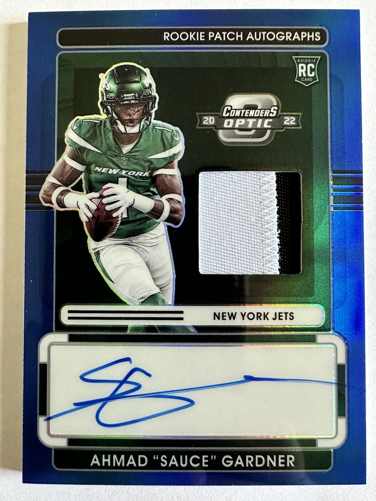 2022 Optic Contenders Ahmad "Sauce" Gardner Rookie Patch Auto RPA Blue