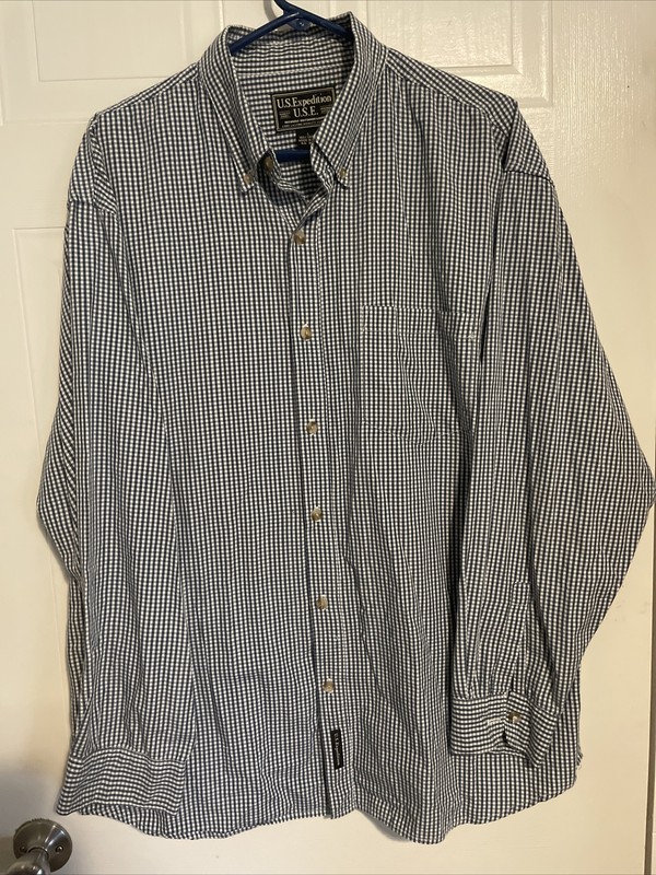 U.S. Expedition U.S.E. Shirt Size L Blue Checked Long Sleeve Outdoor Casual Pkt