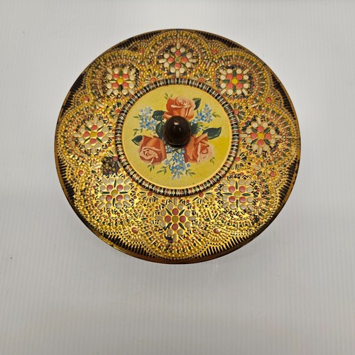 Metal Tin Embossed Mosaic Container/Sewing Storage w/Lid England Vintage - Picture 2 of 12