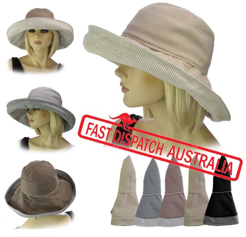 Ladies Wide Brim Fold-up Foldable Packable Linen Cotton Sun Block Hat Wide Brim - Picture 1 of 49