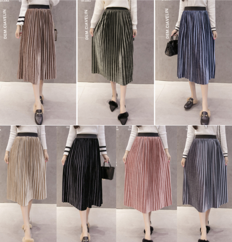 Vintage Women Pleated Metallic Look Midi Shiny Skirt Velvet Long Skirt - Afbeelding 1 van 8