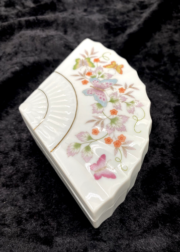 Vintage handgefertigte Porzellan Schmuckschatulle, Schmetterlinge & Blumenfächer, Japan - Bild 7 von 10