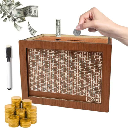 Cash Vault Wooden Savings Box Cash Saver Money Saving Challenge $5000 - Picture 2 of 9