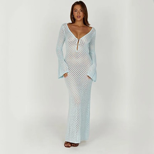 Langes Strick Strandkleid Aushöhlen Langarm Cover-Ups Kleid Herbst Rückenfrei Kleid - Bild 8 von 40