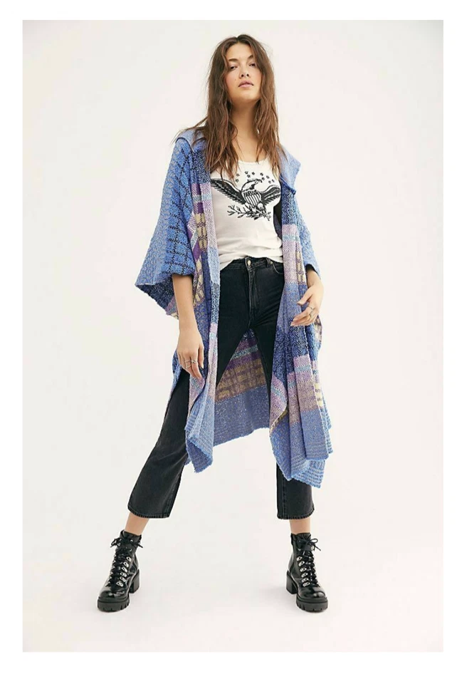 NEW One Size Free People Mercer Hooded Sweater Kimono Cover-up Blue Yellow Plaid - Изображение 4 из 4