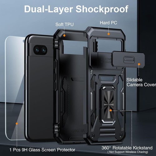 Compatible With Google Pixel 8A 6.1" Case with 9H Glass Screen Protector (Black) - Picture 4 of 7